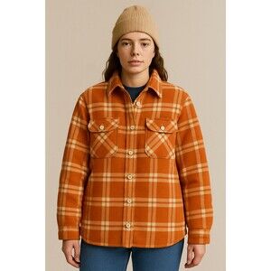 Empyre Womens Large Orange White Plaid Fleece Lined Lumberjack Shacket Jacket‎